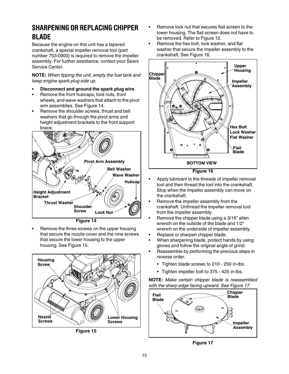 Sharpening or replacing chipper blade | Craftsman 247.77011 User Manual | Page 13 / 40