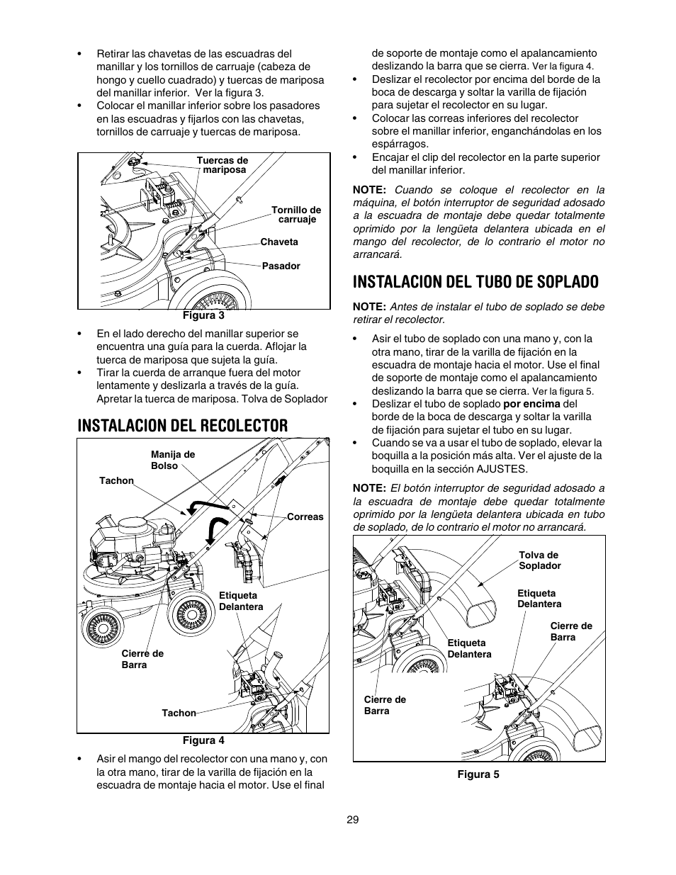 Instalacion del recolector, Instalacion del tubo de soplado | Craftsman 247.77011 User Manual | Page 29 / 40