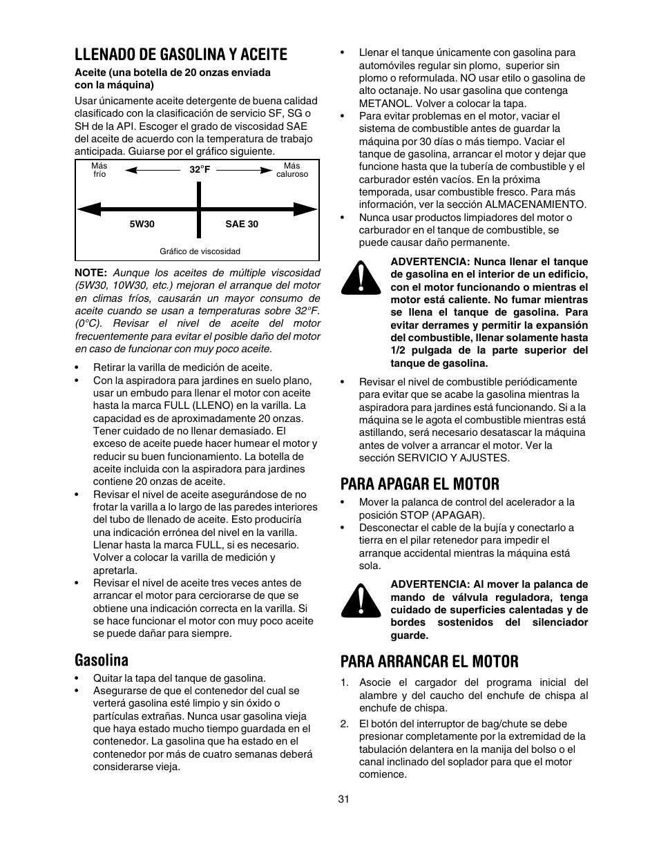 Llenado de gasolina y aceite, Gasolina, Para apagar el motor | Para arrancar el motor | Craftsman 247.77011 User Manual | Page 31 / 40