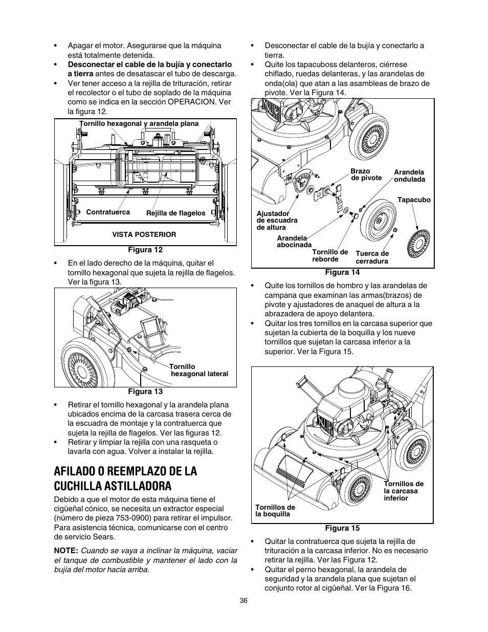Afilado o reemplazo de la cuchilla astilladora | Craftsman 247.77011 User Manual | Page 36 / 40