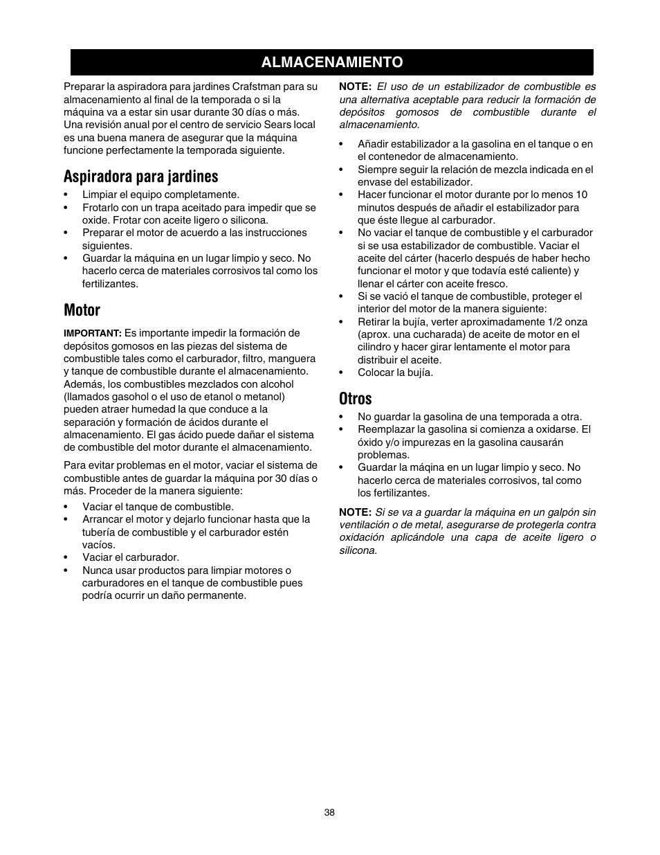 Aspiradora para jardines, Motor, Otros | Almacenamiento | Craftsman 247.77011 User Manual | Page 38 / 40
