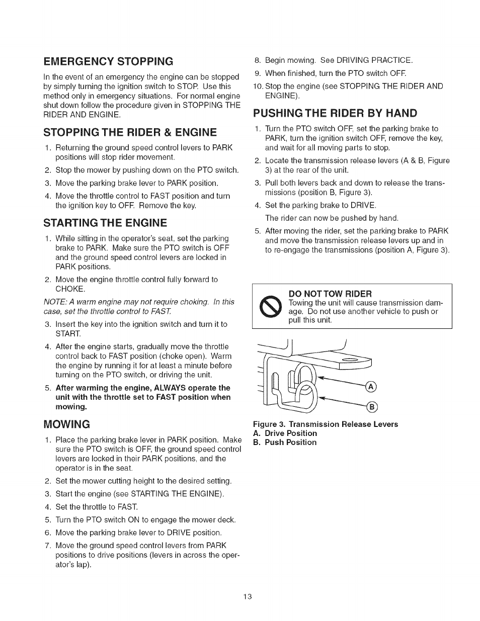 Emergency stopping, Stopping the rider & engine, Starting the engine | Mowing, Pushing the rider by hand | Craftsman 107.277700 User Manual | Page 13 / 100