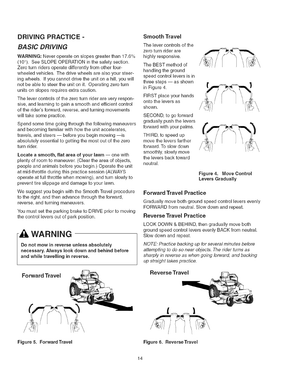 Driving practice - basic driving, Smooth travel, Forward travel practice | Reverse travel practice, Forward travel, Reverse travel, A warning | Craftsman 107.277700 User Manual | Page 14 / 100