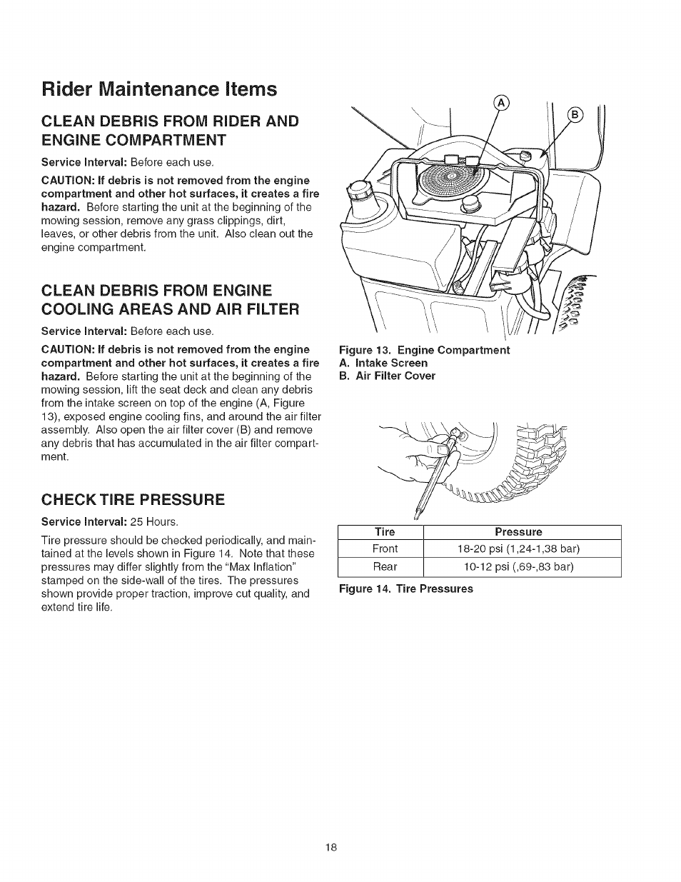 Clean debris from rider and engine compartment, Checktire pressure, Rider maintenance items | Craftsman 107.277700 User Manual | Page 18 / 100