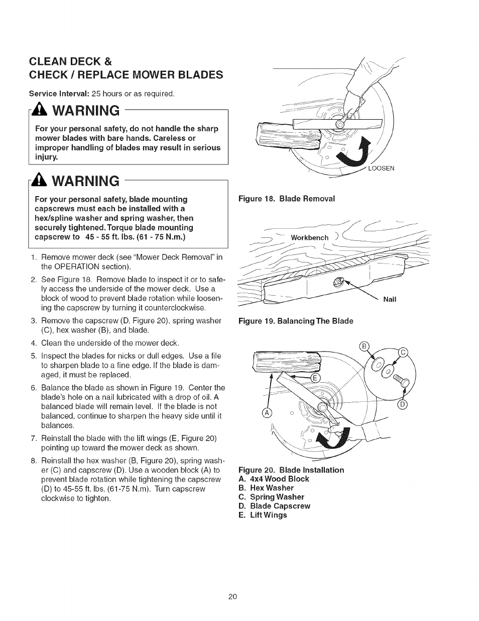 Clean deck, Check ! replace mower blades, Warning | Craftsman 107.277700 User Manual | Page 20 / 100