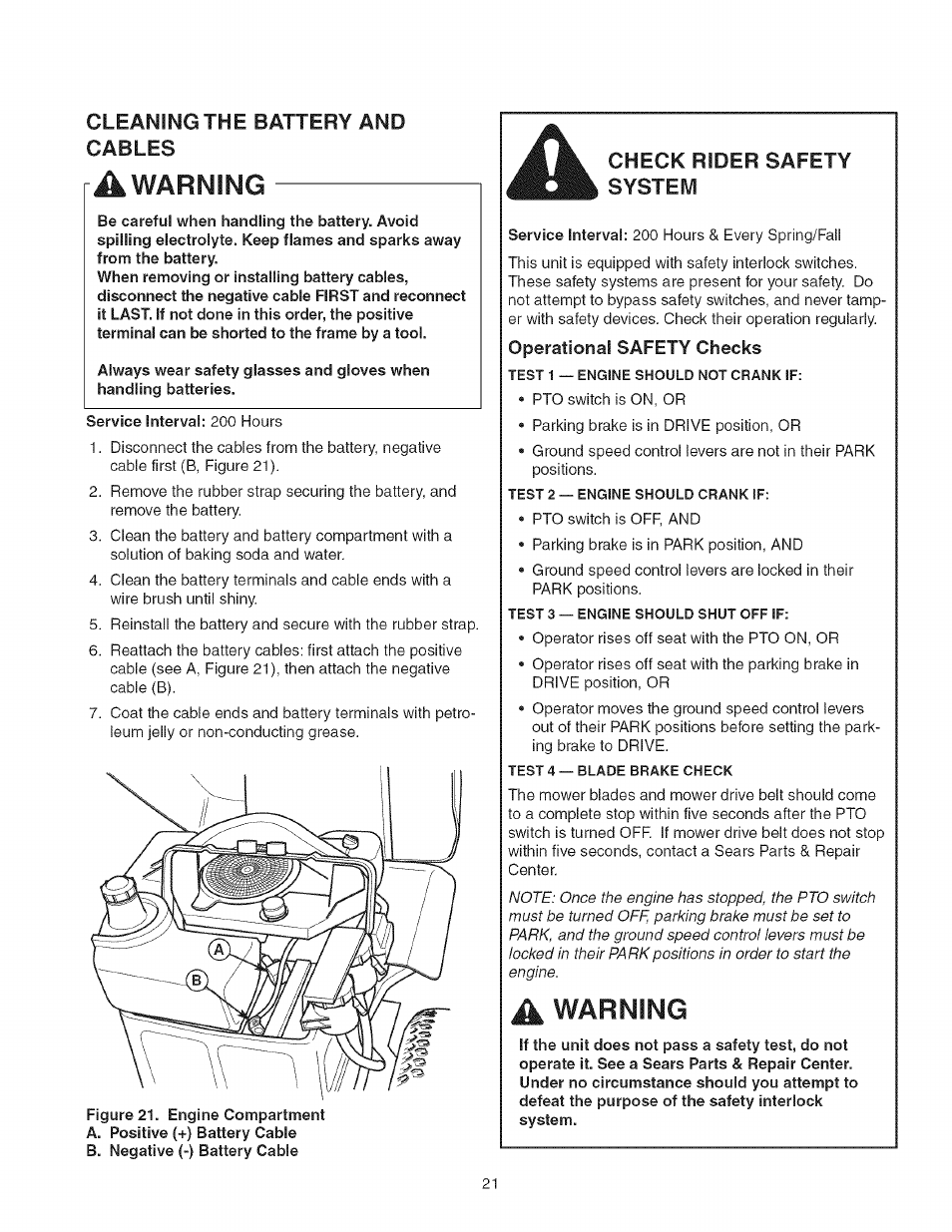 Cleaning the battery and cables, Check rider safety system, Operational safety checks | Warning, A warning | Craftsman 107.277700 User Manual | Page 21 / 100