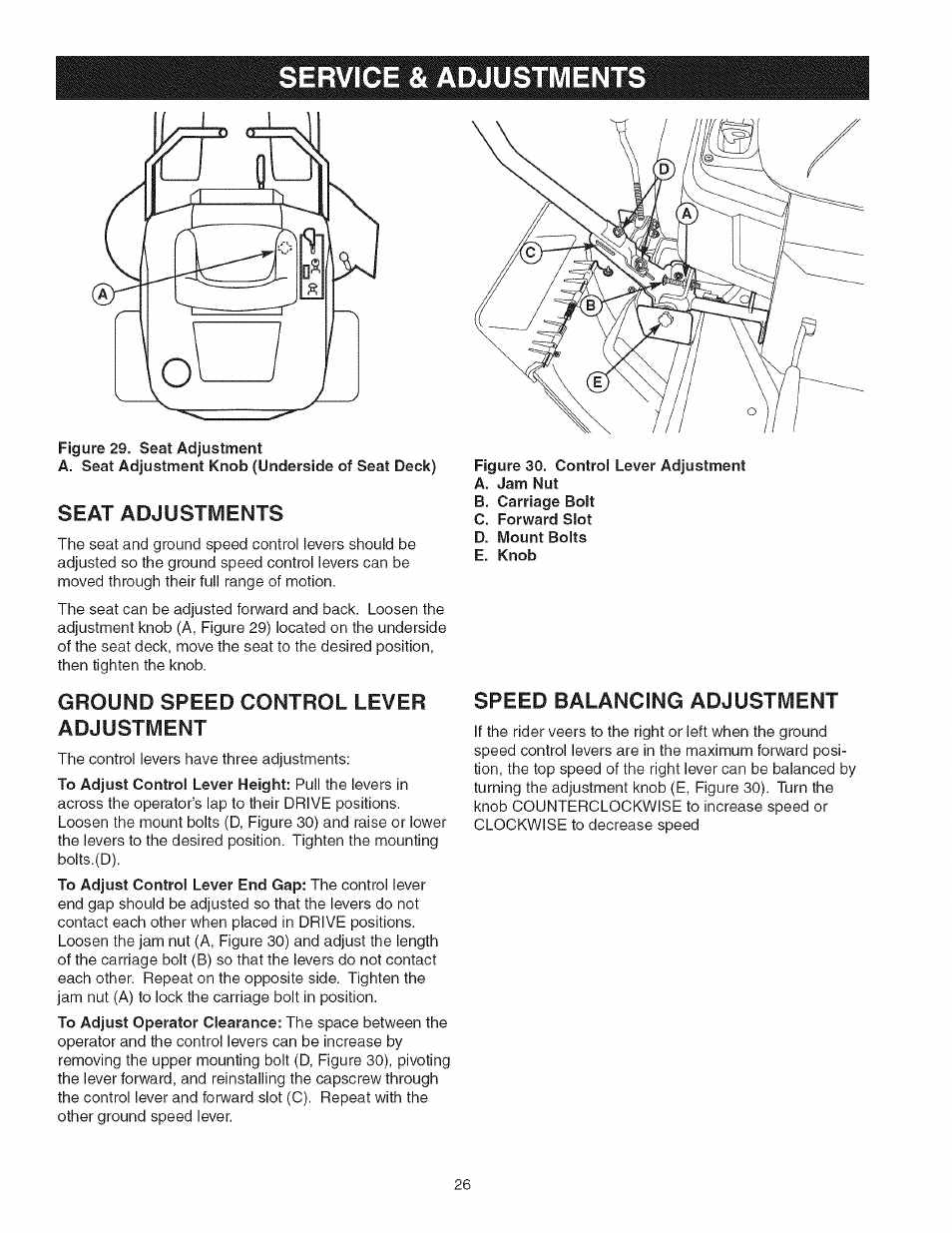 Seat adjustments, Ground speed control lever adjustment, Service & adjustments | Craftsman 107.277700 User Manual | Page 26 / 100