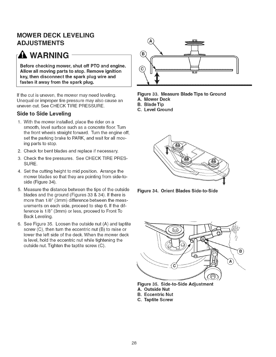 Mower deck leveling adjustments, Side to side leveling, Warning | Craftsman 107.277700 User Manual | Page 28 / 100