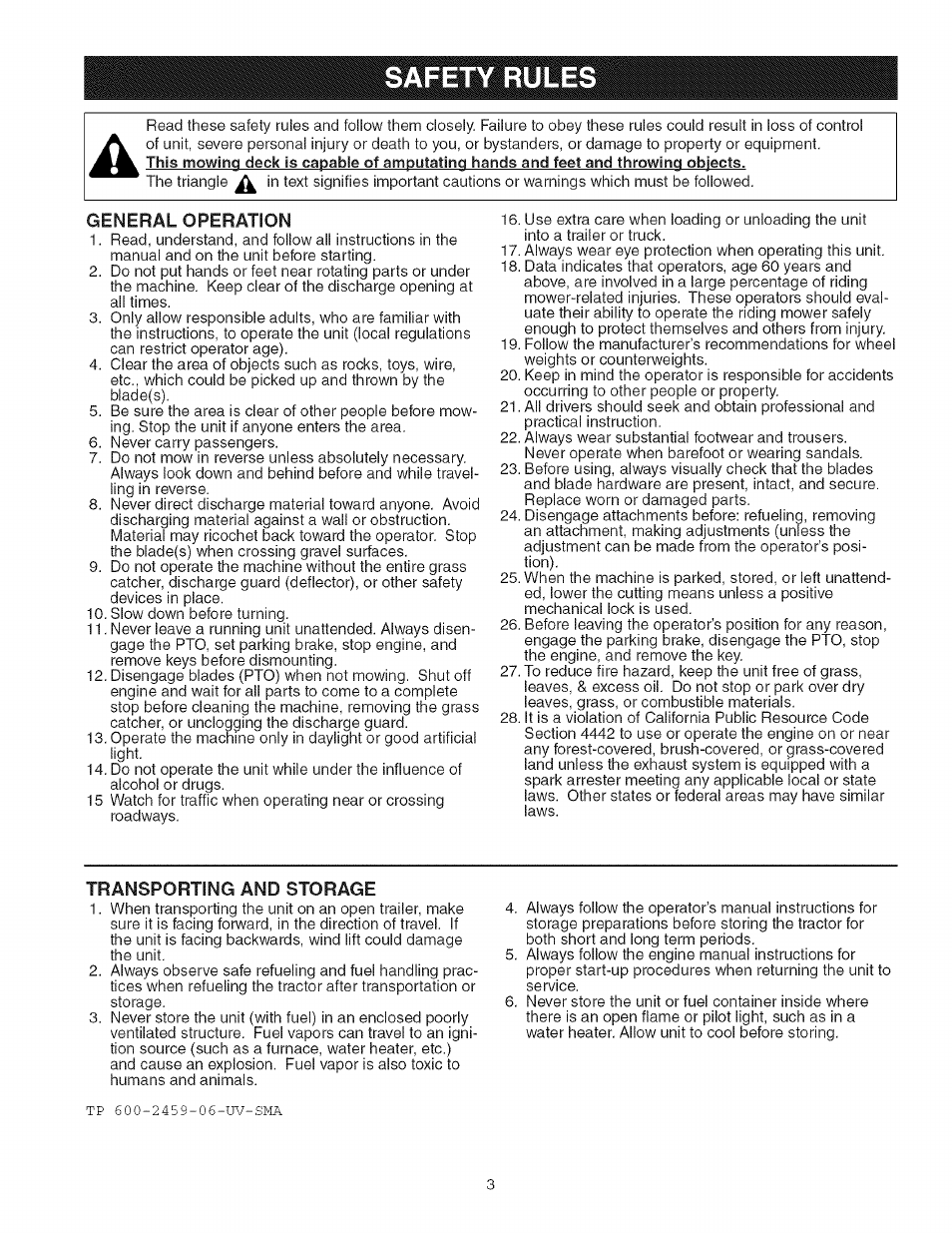 General operation, Transporting and storage, Safety rules | Craftsman 107.277700 User Manual | Page 3 / 100