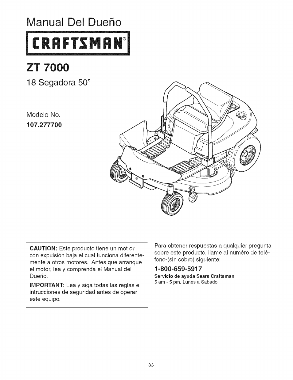 Zt 7000, Manual del dueño, 18 segadora 50 | Craftsman 107.277700 User Manual | Page 33 / 100