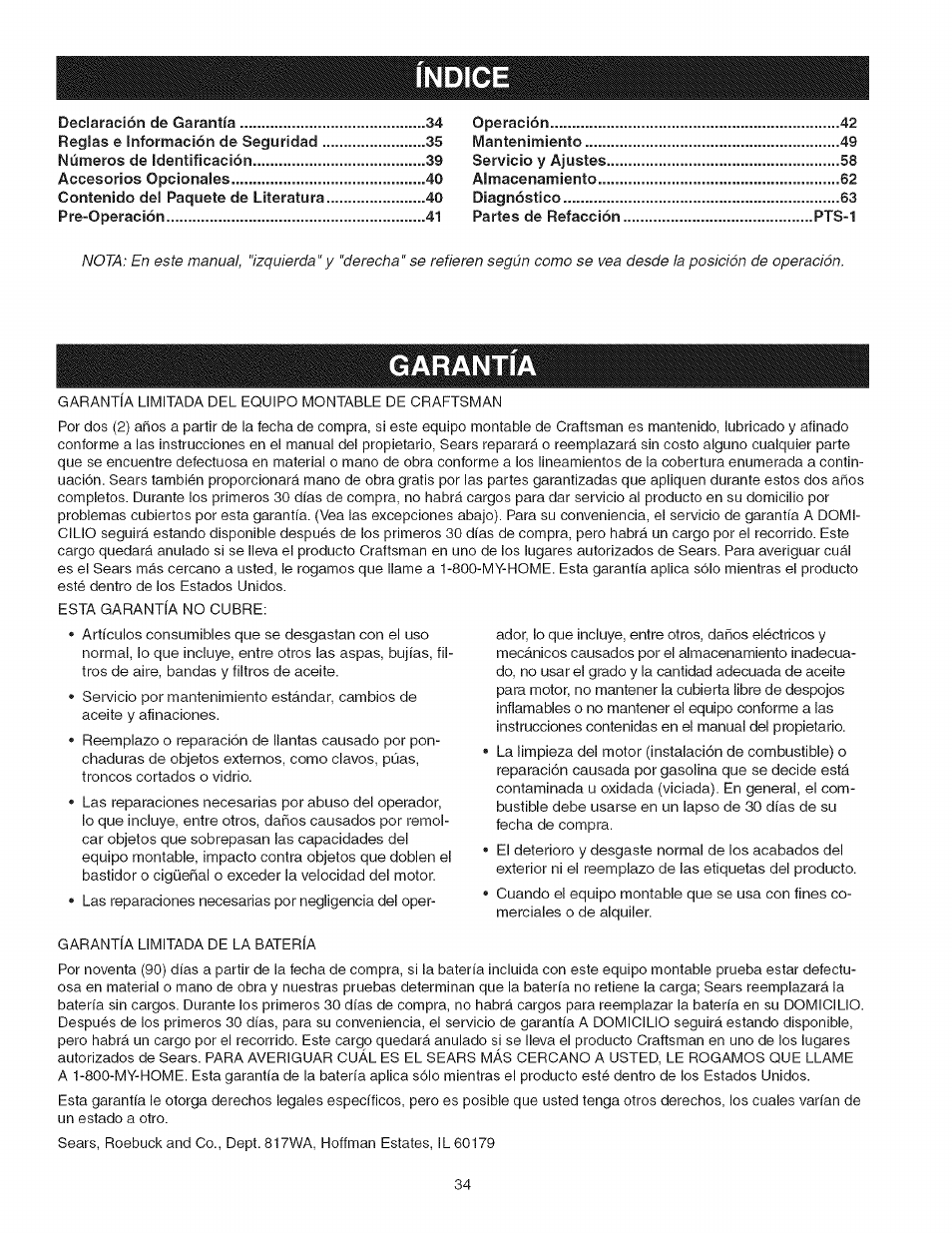 Indice, Garantia | Craftsman 107.277700 User Manual | Page 34 / 100