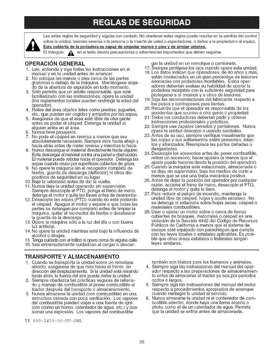 Transporte y almacenamiento, Reglas de seguridad | Craftsman 107.277700 User Manual | Page 35 / 100