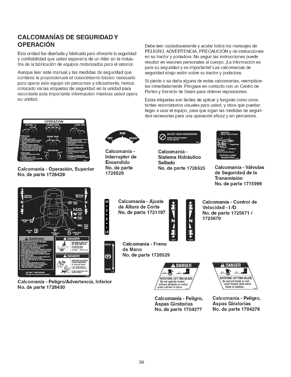 Calcomanias de seguridad y, Operación | Craftsman 107.277700 User Manual | Page 38 / 100