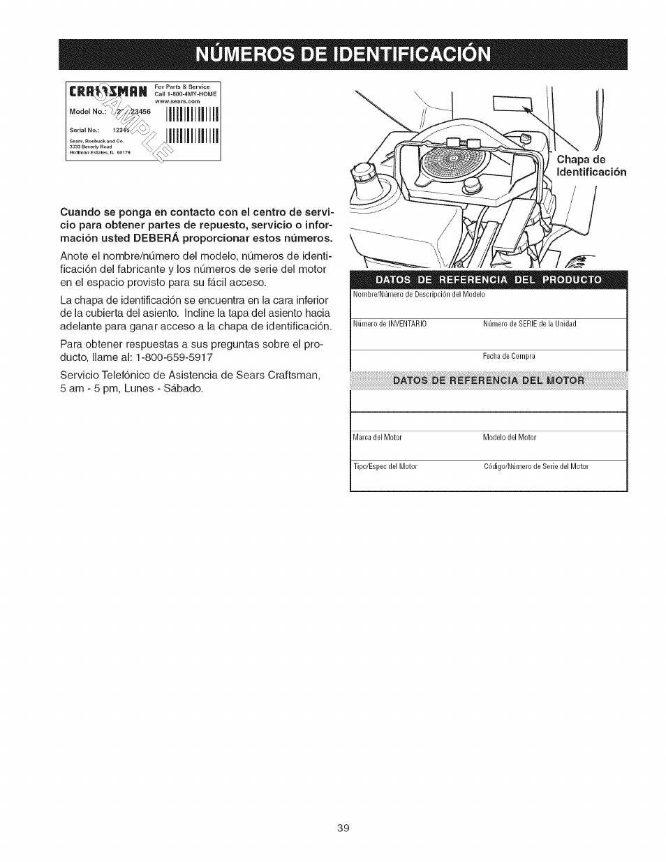 Crr$^rinn, Numeros de identificacion, Ii!i!¡ii | L!!!ll!l!lll!l | Craftsman 107.277700 User Manual | Page 39 / 100