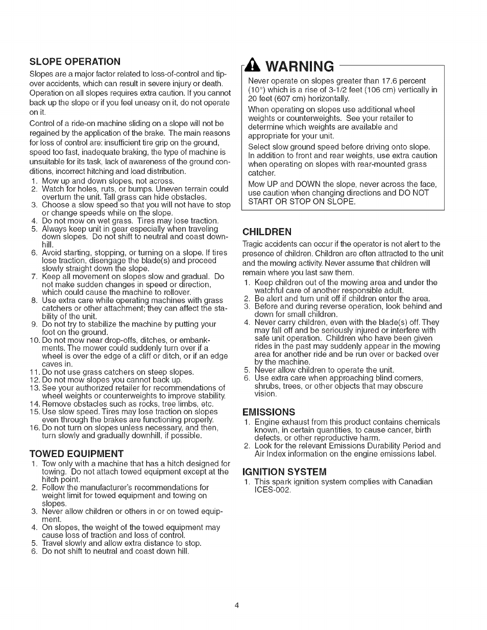 Towed equipment, Children, Emissions | Ignition system, A warning | Craftsman 107.277700 User Manual | Page 4 / 100