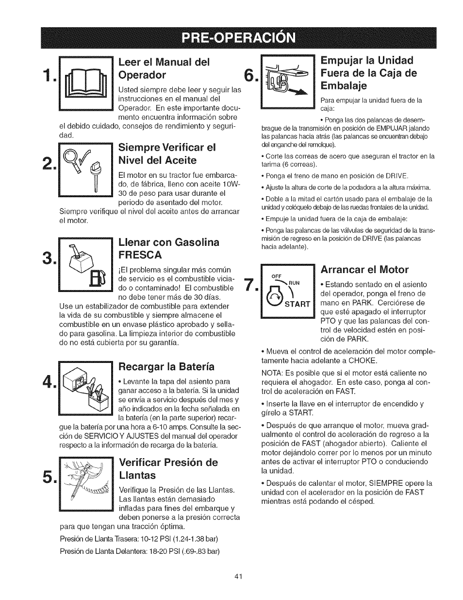 Leer el manual del operador, Pre-operacion, Leer el manual del | Nivel | Craftsman 107.277700 User Manual | Page 41 / 100