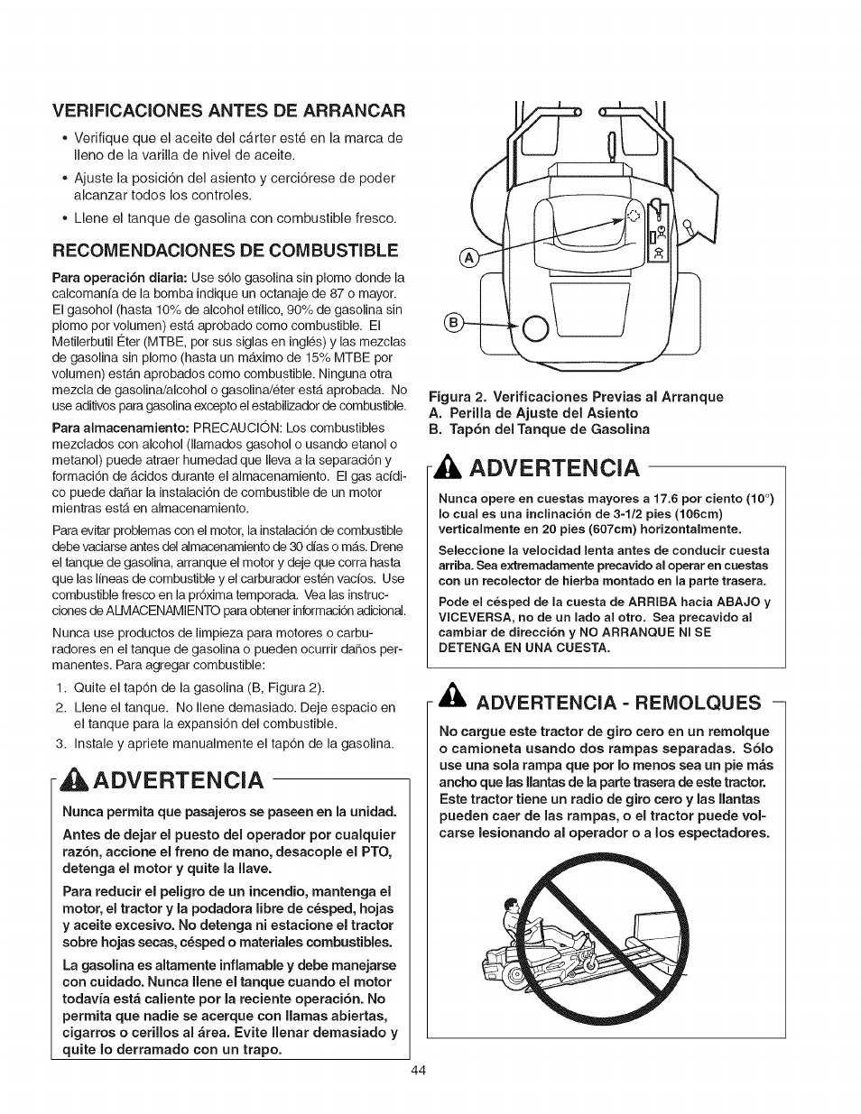 Verificaciones antes de arrancar, Recomendaciones de combustible, Advertencia | Advertencia - remolques | Craftsman 107.277700 User Manual | Page 44 / 100