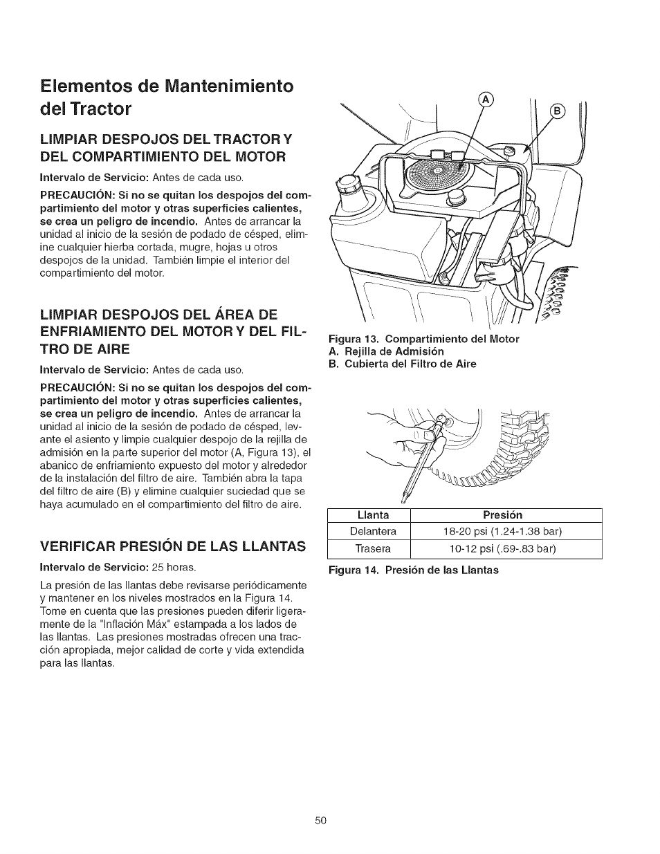 Verificar presion de las llantas, Del tractor, Elementos de mantenimiento | Craftsman 107.277700 User Manual | Page 50 / 100