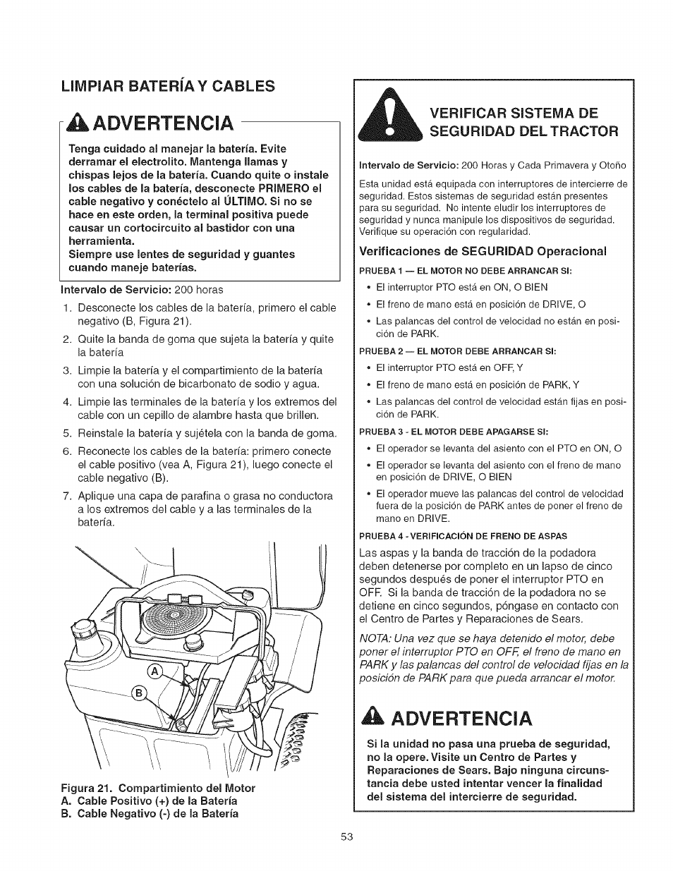 Limpiar bateria y cables, Verificar sistema de seguridad del tractor, A advertencia | Craftsman 107.277700 User Manual | Page 53 / 100