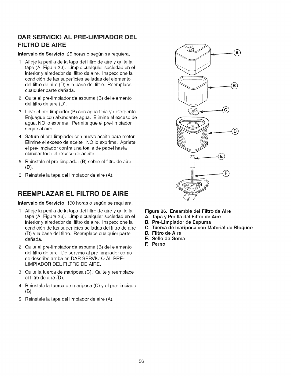 Reemplazar el filtro de aire, Dar servicio al pre-limpiador del filtro de aire | Craftsman 107.277700 User Manual | Page 56 / 100