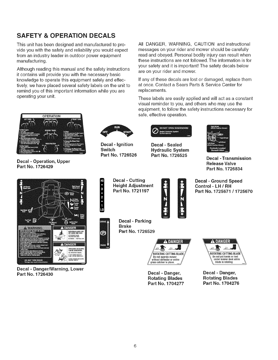 Safety & operation decals | Craftsman 107.277700 User Manual | Page 6 / 100
