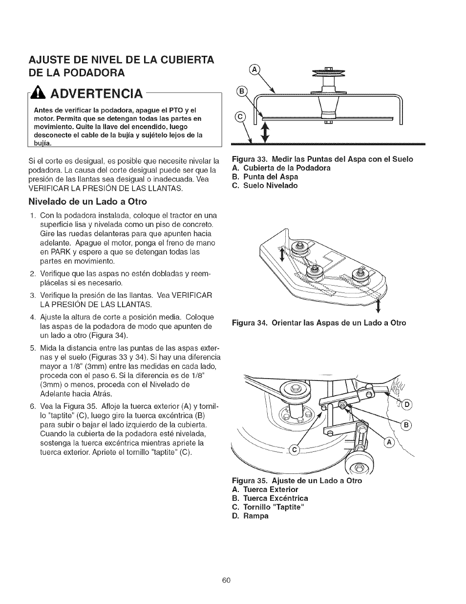 Ajuste de nivel de la cubierta de la rodadora, Nivelado de un lado a otro, Advertencia | Craftsman 107.277700 User Manual | Page 60 / 100