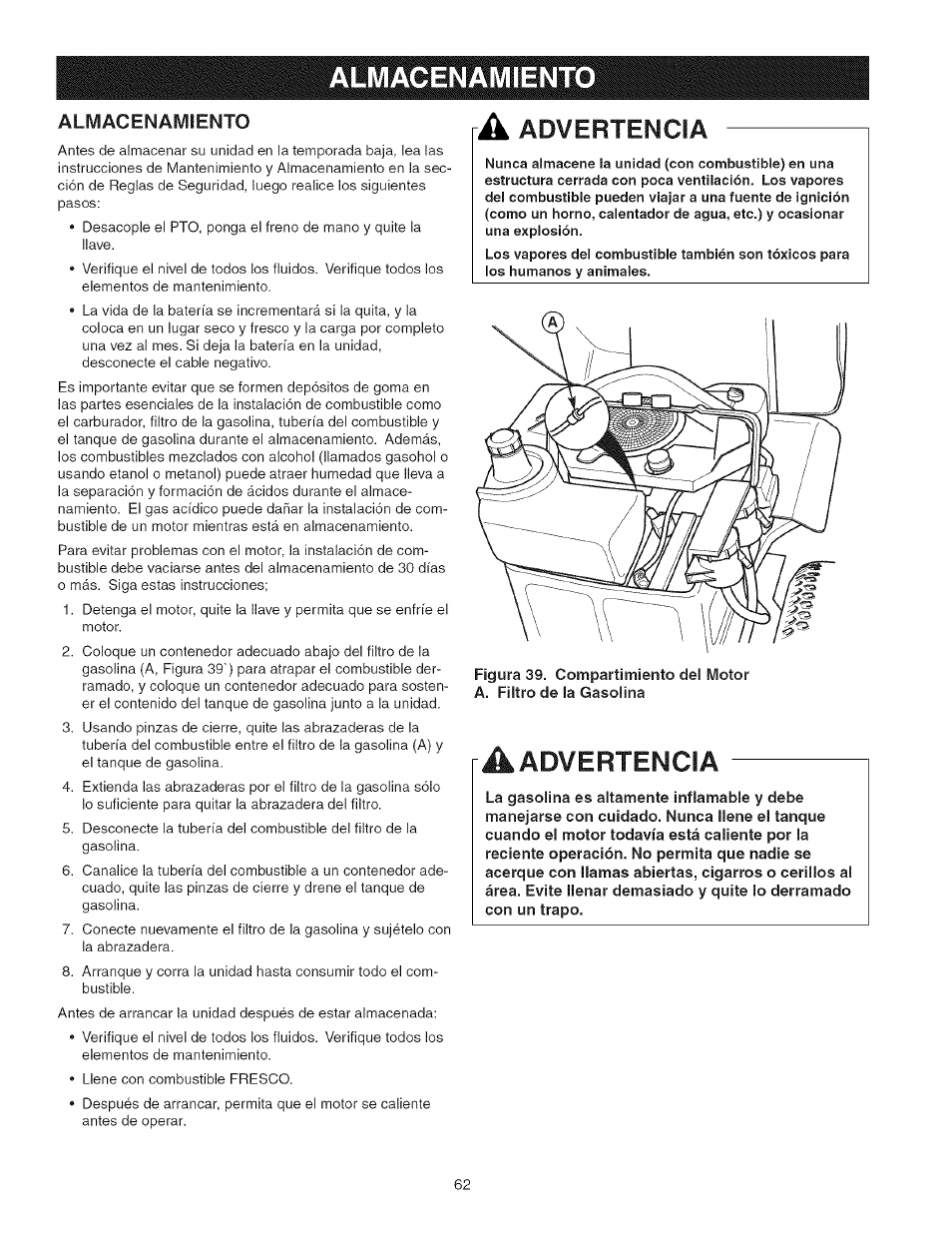 Almacenamiento, A advertencia, Advertencia | Craftsman 107.277700 User Manual | Page 62 / 100