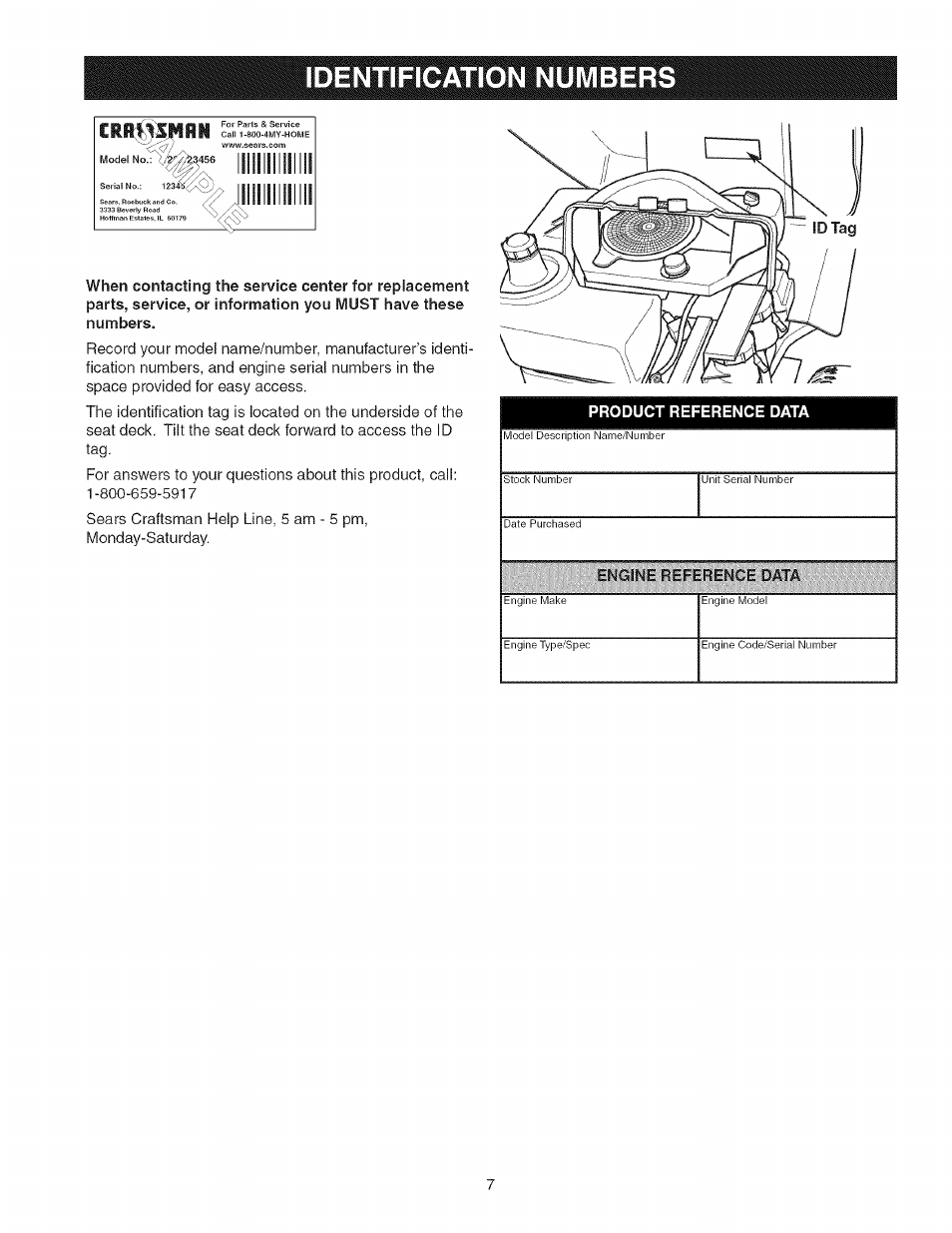 Crr$^rinn, L!!!ll!l!lll!l, Identification numbers | Ii!i!¡ii | Craftsman 107.277700 User Manual | Page 7 / 100