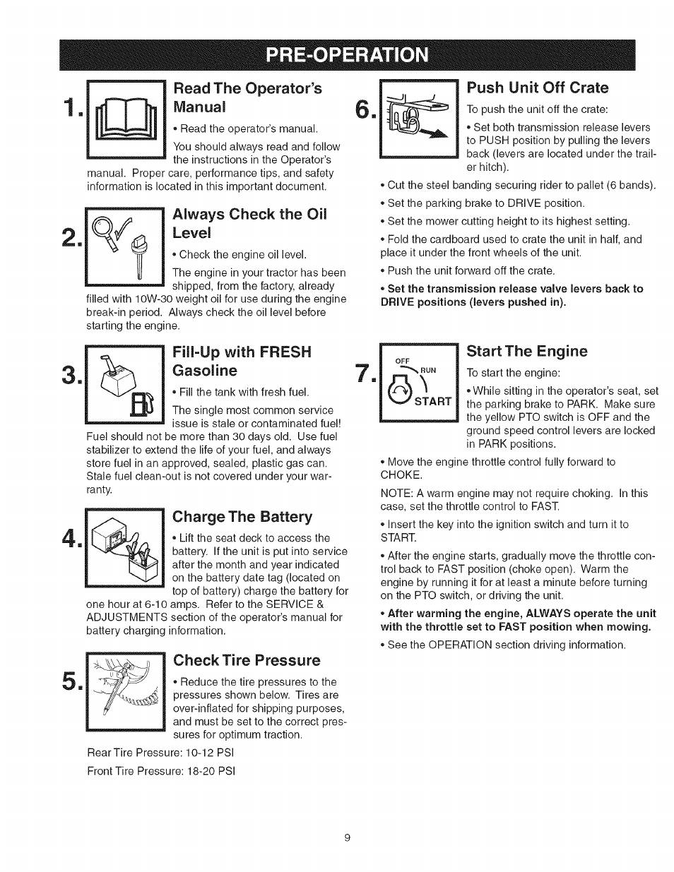 Read the operator’s mariual, Always check the oil level, Fill-up with fresh gasoline | Charge the battery, Check tire pressure, Push unit off crate, Start the engine, Pre-operation, With | Craftsman 107.277700 User Manual | Page 9 / 100