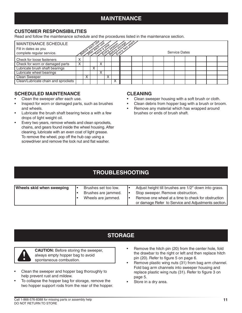 Maintenance storage, Troubleshooting, Customer responsibilities | Scheduled maintenance, Cleaning | Craftsman HIGHSPEED SWEEPER 486.24229 User Manual | Page 11 / 16