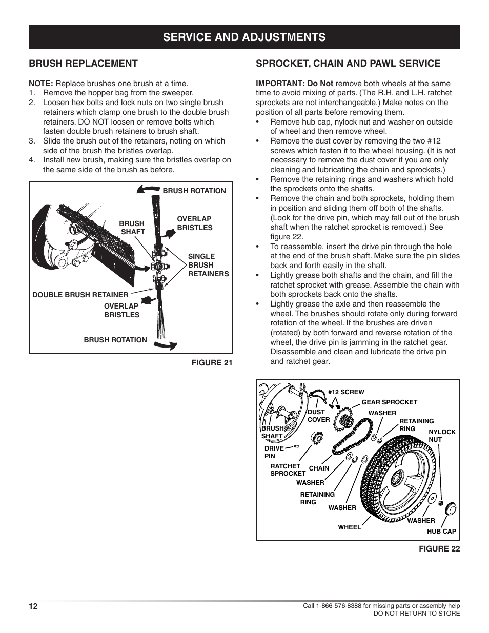 Service and adjustments, Brush replacement, Sprocket, chain and pawl service | Craftsman HIGHSPEED SWEEPER 486.24229 User Manual | Page 12 / 16