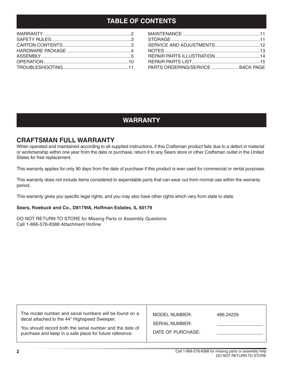 Craftsman HIGHSPEED SWEEPER 486.24229 User Manual | Page 2 / 16