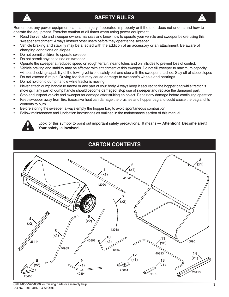 Carton contents safety rules | Craftsman HIGHSPEED SWEEPER 486.24229 User Manual | Page 3 / 16