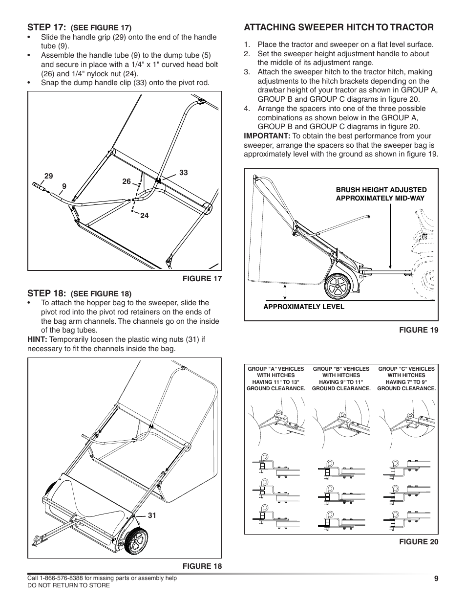 Step 17, Attaching sweeper hitch to tractor, Step 18 | Craftsman HIGHSPEED SWEEPER 486.24229 User Manual | Page 9 / 16