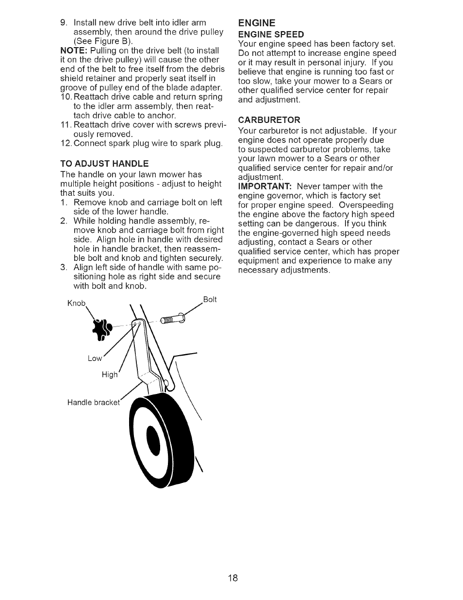 To adjust handle, Carburetor | Craftsman 917.377120 User Manual | Page 18 / 56