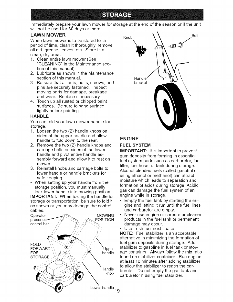 Storage, Handle, Storage -19 | Craftsman 917.377120 User Manual | Page 19 / 56