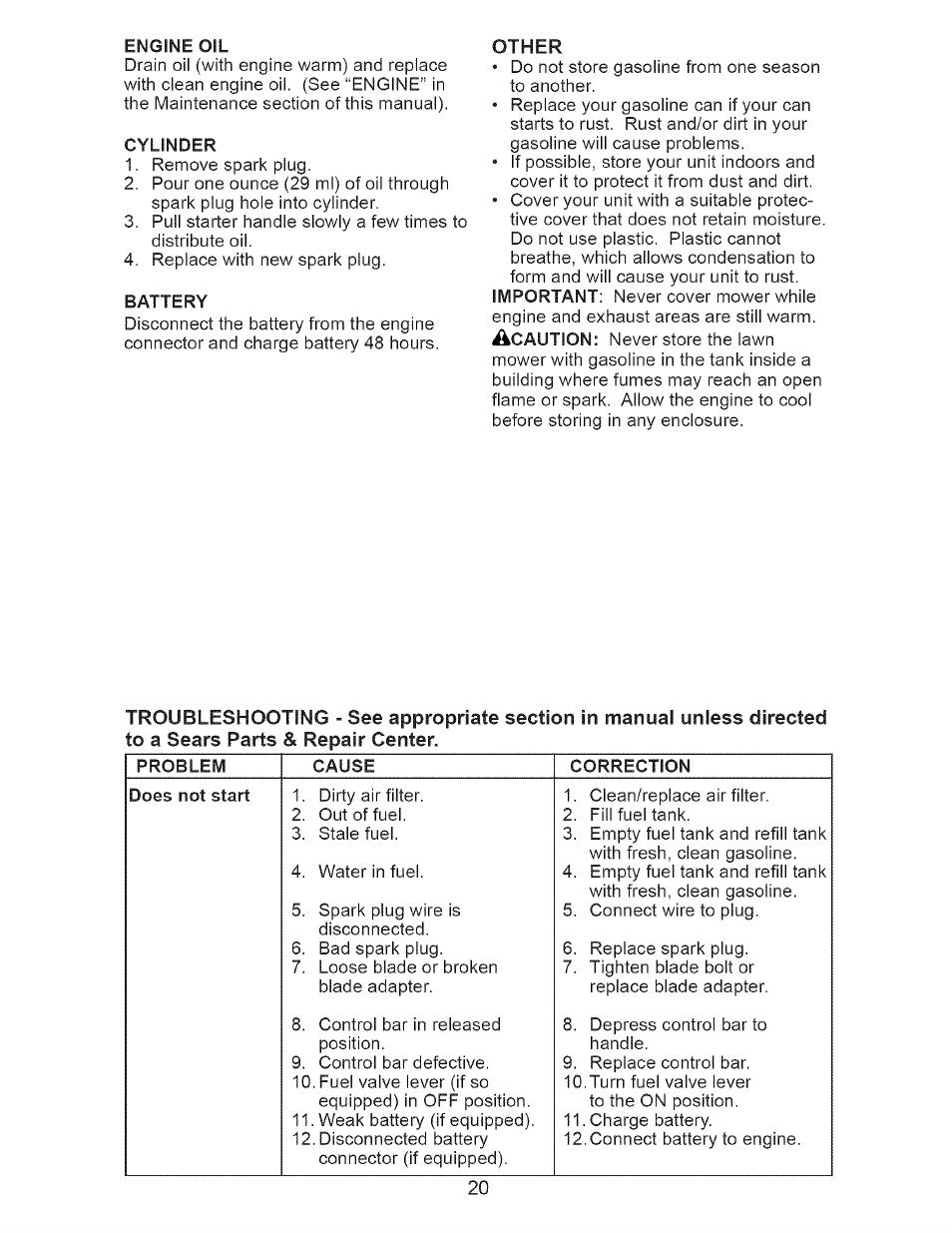 Engine oil, Cylinder, Battery | Craftsman 917.377120 User Manual | Page 20 / 56