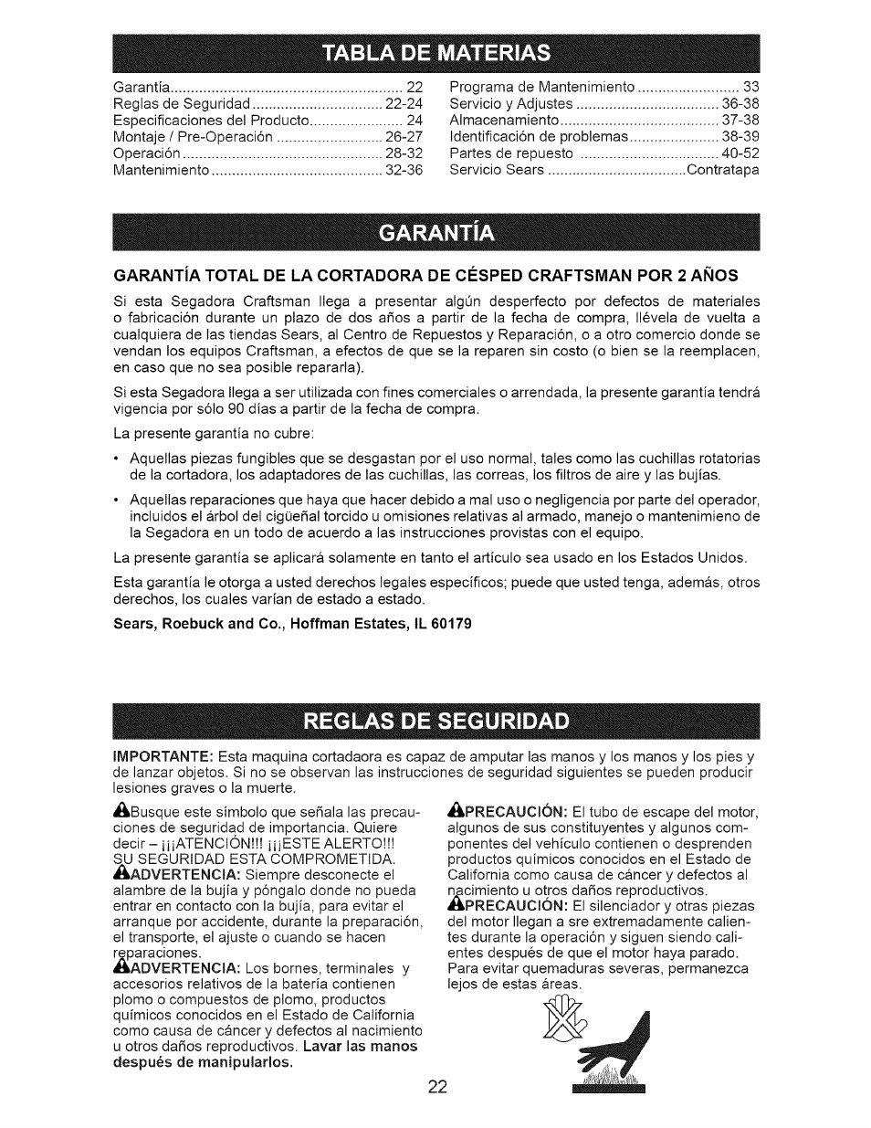 Tabla de materias, Garantia, Reglas de seguridad | Craftsman 917.377120 User Manual | Page 22 / 56