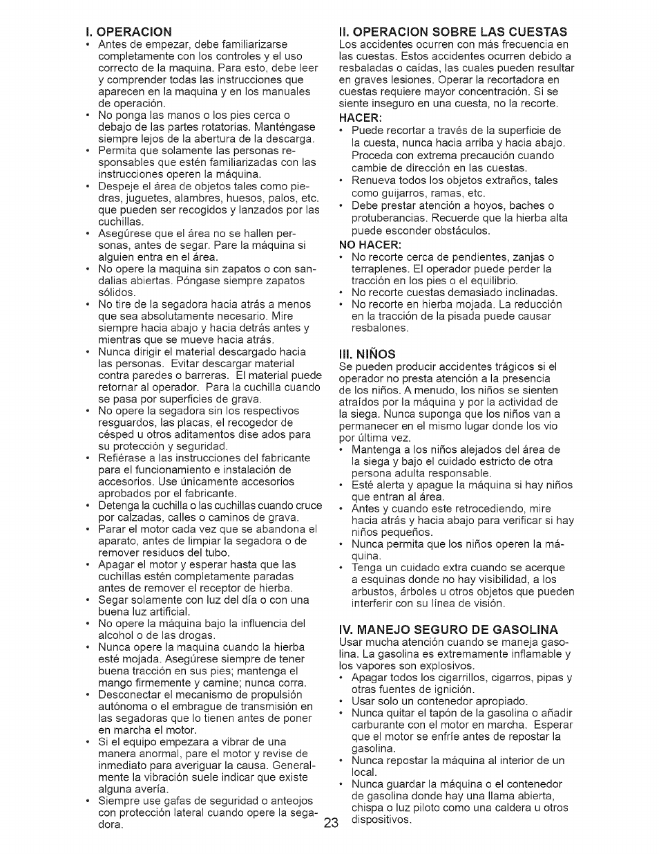 Ii. operacion sobre las cuestas, Iii. niños, Iv. manejo seguro de gasolina | Craftsman 917.377120 User Manual | Page 23 / 56