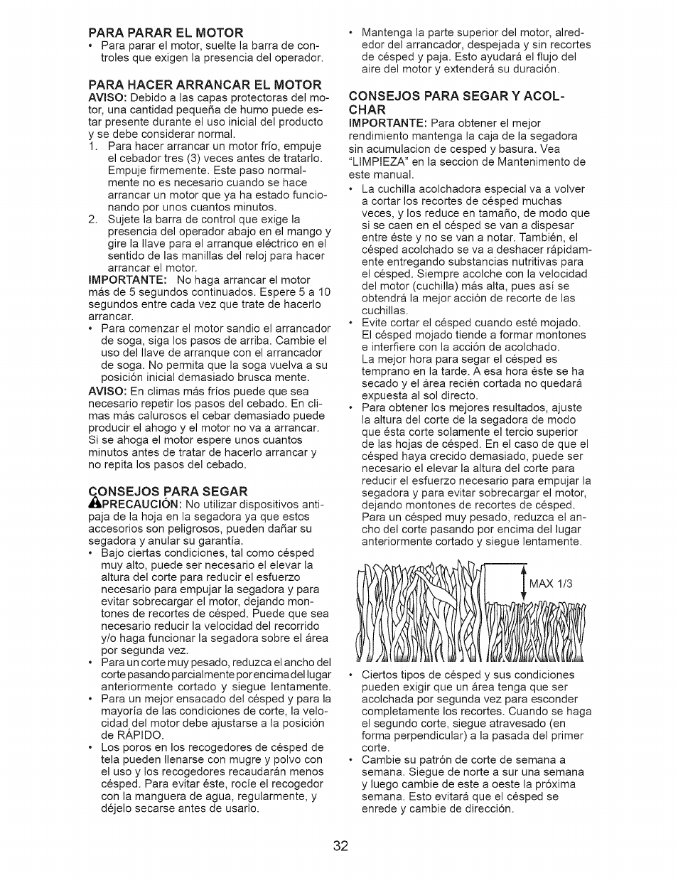 Para hacer arrancar el motor, Consejos para segar y acolchar | Craftsman 917.377120 User Manual | Page 32 / 56