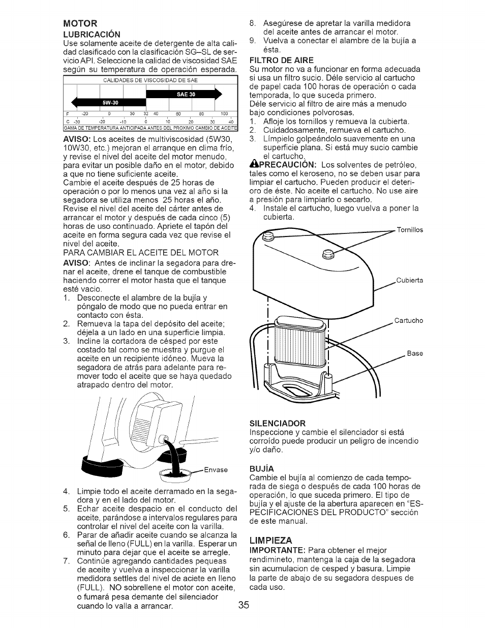 Motor, Limpieza | Craftsman 917.377120 User Manual | Page 35 / 56