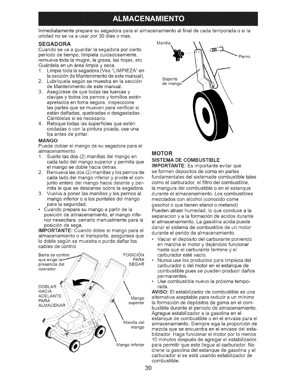 Almacen amiento, Segadora manilla, Almacenamiento -38 | Craftsman 917.377120 User Manual | Page 39 / 56