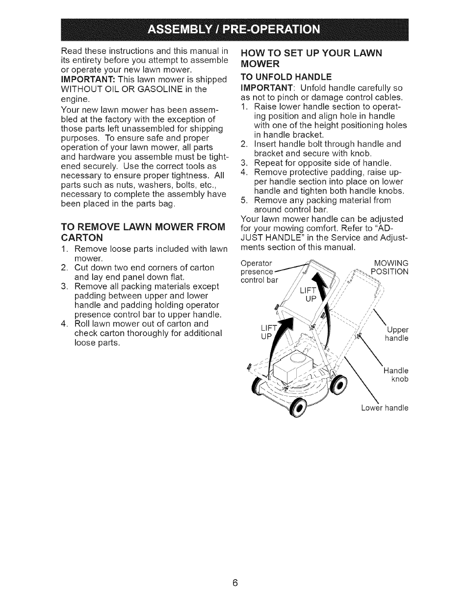To unfold handle, Assewibly /pre-operation | Craftsman 917.377120 User Manual | Page 6 / 56