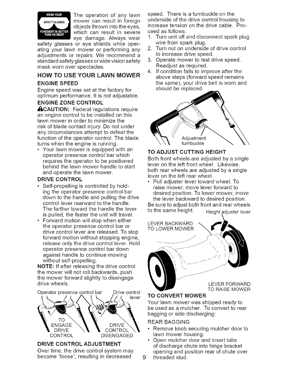 Engine speed, Drive control, Drive control adjustment | To adjust cutting height, To convert mower | Craftsman 917.377120 User Manual | Page 9 / 56