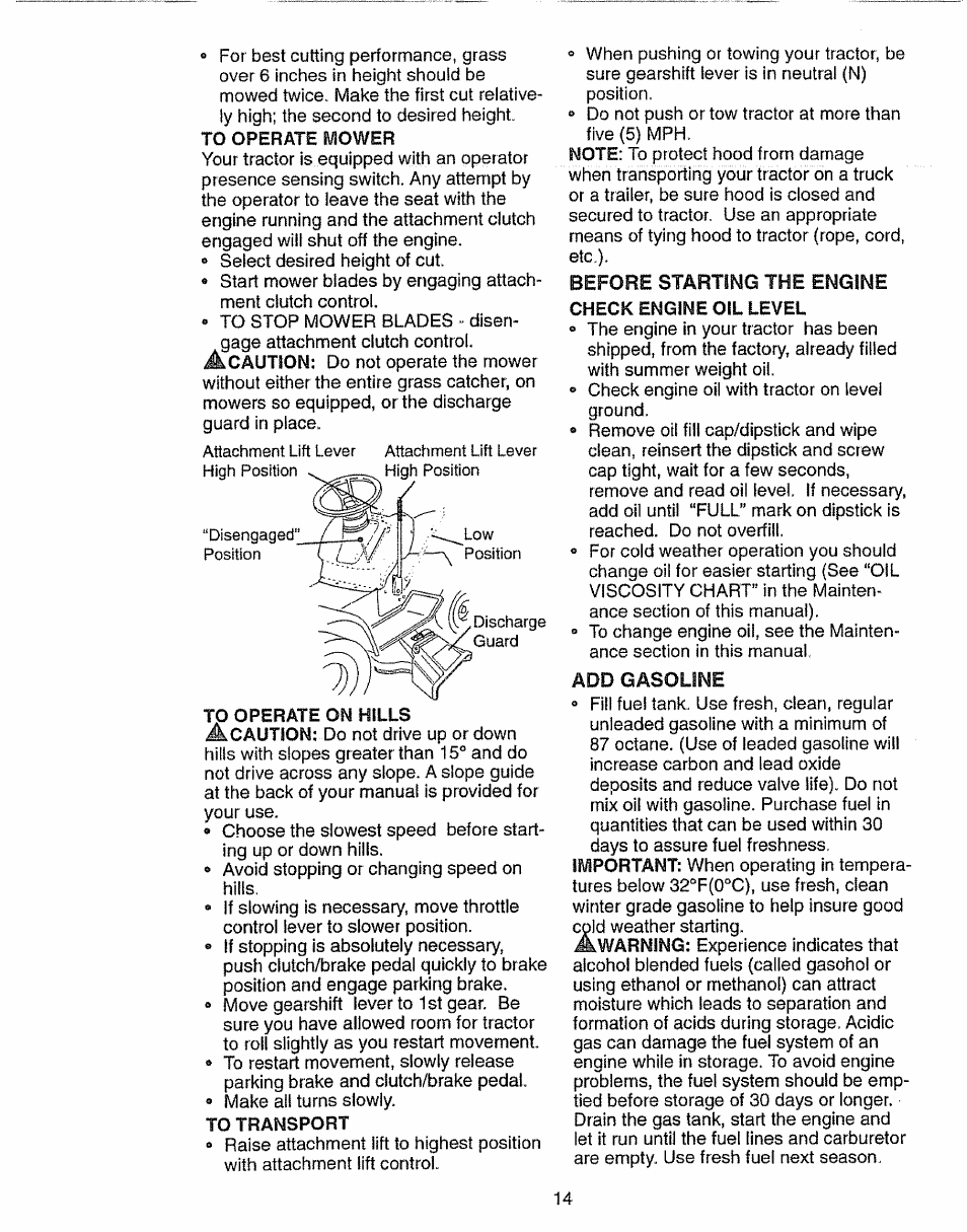 Check engine oil level, Before starting the engine, Add gasoline | Craftsman 917.270631 User Manual | Page 14 / 60