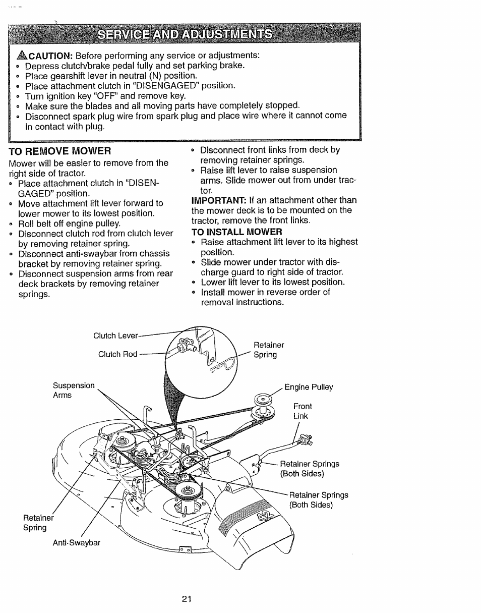 To remove mower, D adjustmen | Craftsman 917.270631 User Manual | Page 21 / 60