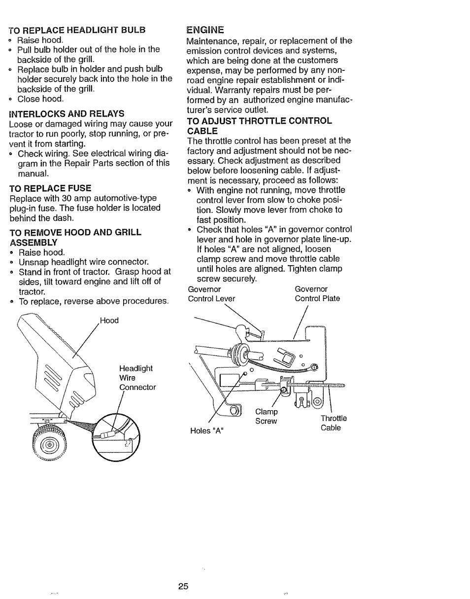 To replace headlight bulb, Interlocks and relays, To replace fuse | To remove hood and grill assembly | Craftsman 917.270631 User Manual | Page 25 / 60