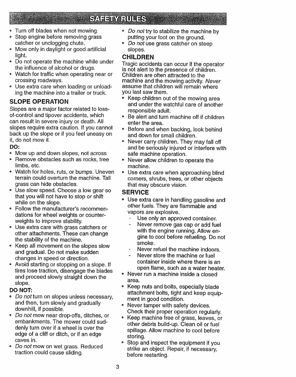 Slope operation, Children, Service | Craftsman 917.270631 User Manual | Page 3 / 60