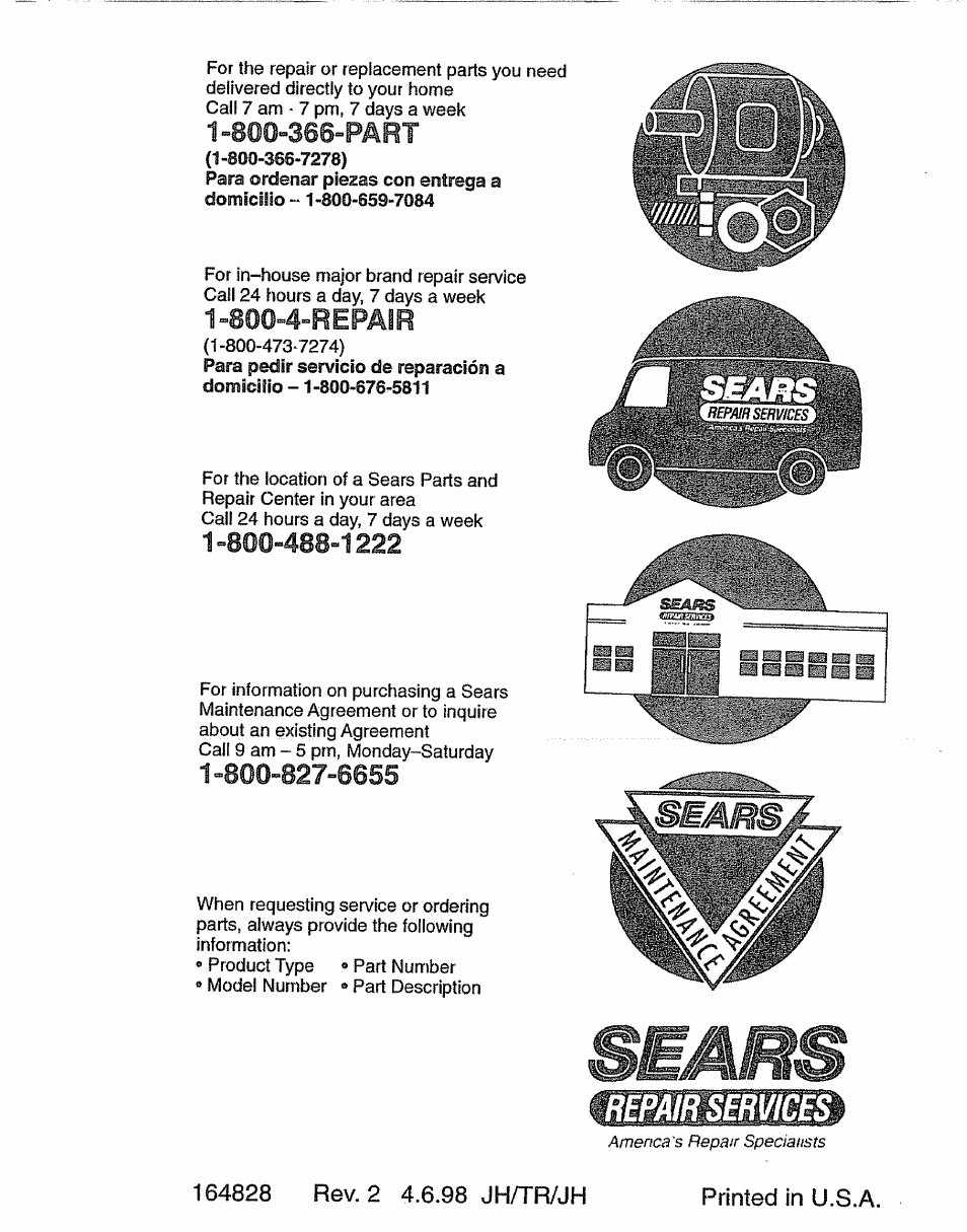 800-366-рдвт, 800-4-repair, 164828 rev. 2 4.6.98 jh^r/jh | Printed in u.s.a, Тшшшт | Craftsman 917.270631 User Manual | Page 60 / 60