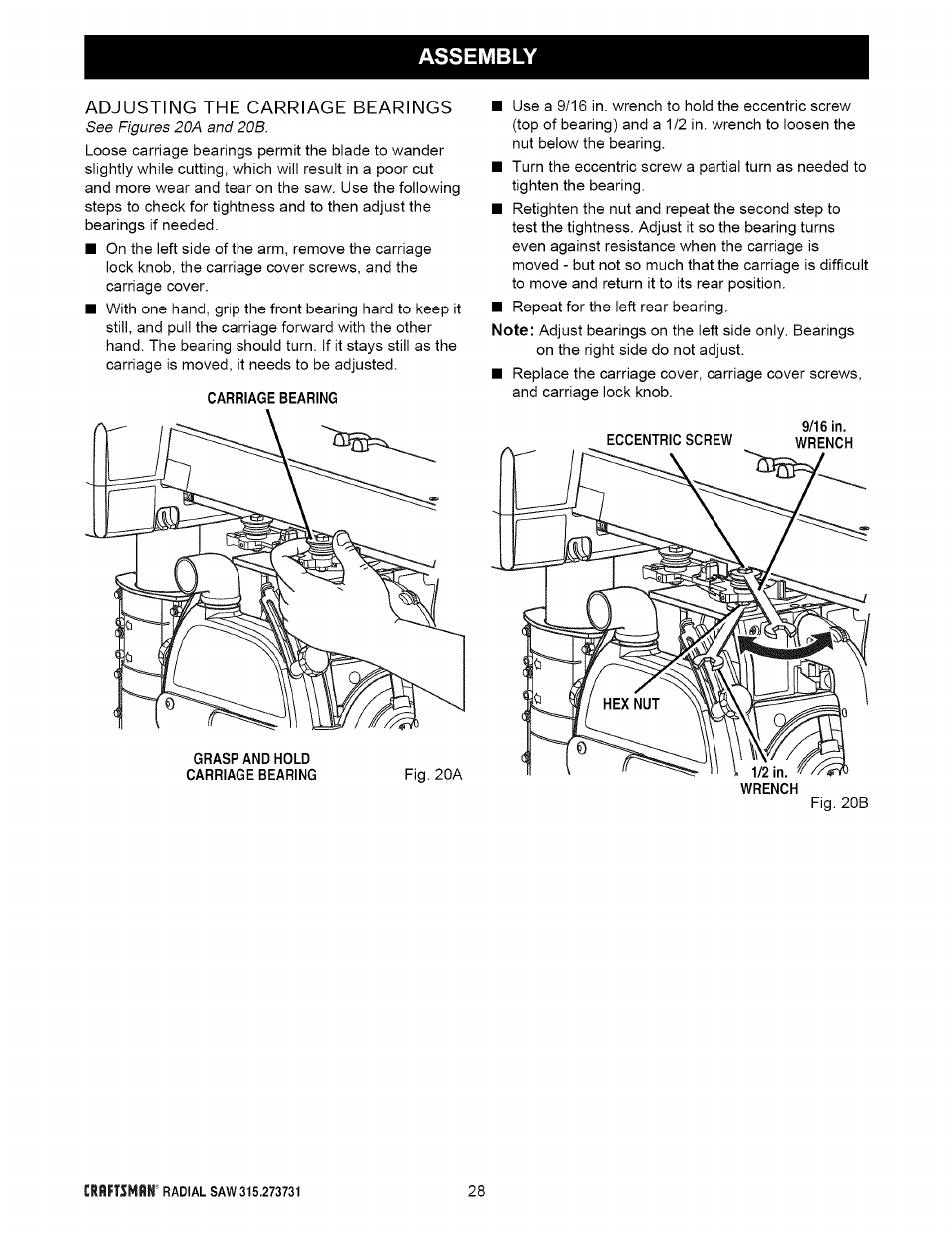 Assembly, Adjusting the carriage bearings | Craftsman 315.273731 User Manual | Page 28 / 80